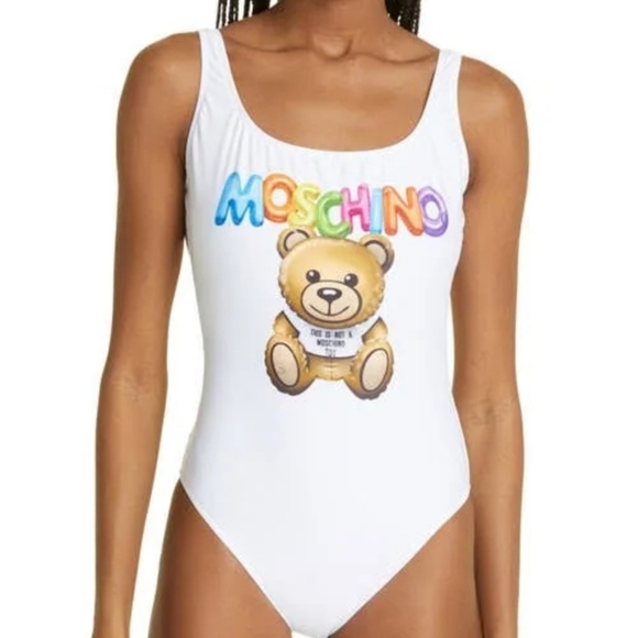 Moschino Multi-color Inflatable Bear Logo One-Piece in Fantasy Print White NWT - Picture 2 of 5